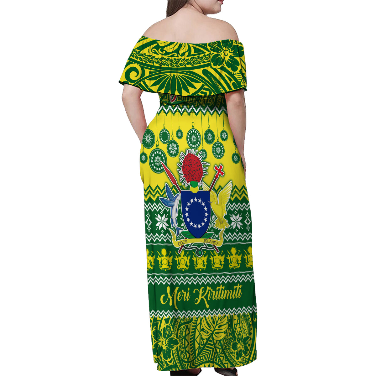 Personalised Cook Islands Christmas Family Matching Off Shoulder Maxi Dress and Hawaiian Shirt Santa Beach Meri Kiritimiti LT9 - Wonder Print Shop