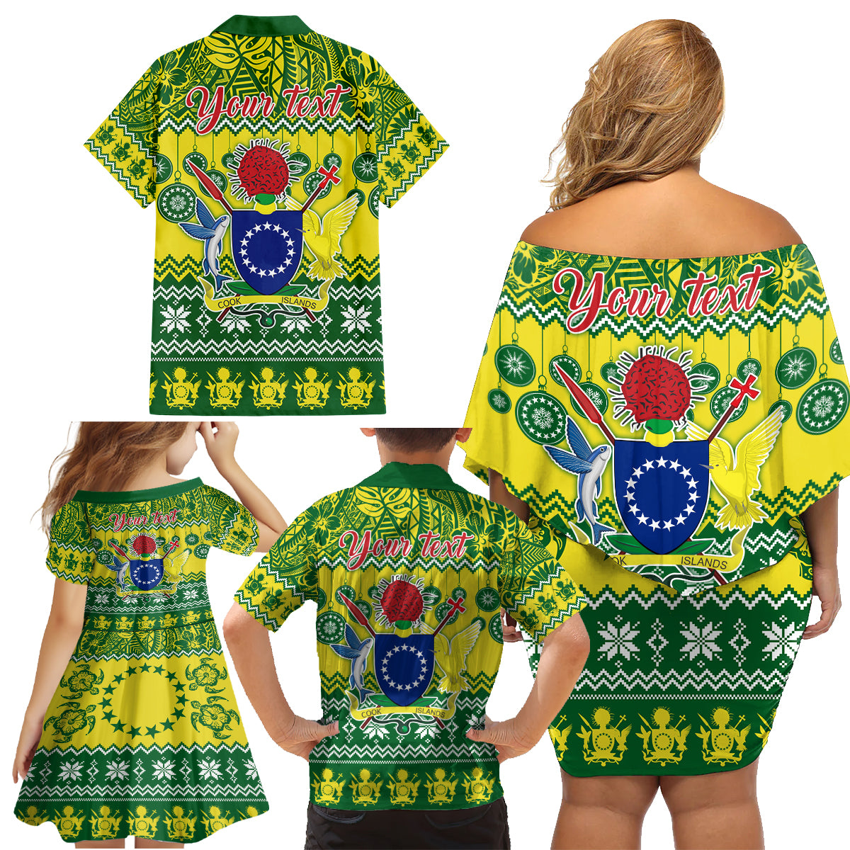 Personalised Cook Islands Christmas Family Matching Off Shoulder Short Dress and Hawaiian Shirt Santa Beach Meri Kiritimiti LT9 - Wonder Print Shop