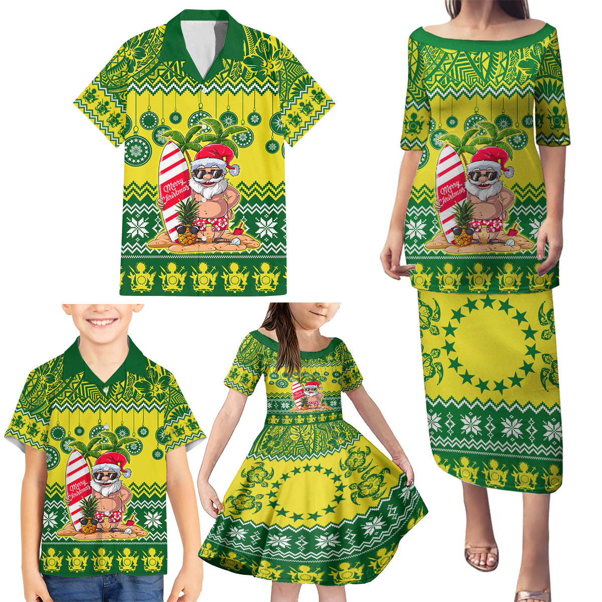 Personalised Cook Islands Christmas Family Matching Puletasi Dress and Hawaiian Shirt Santa Beach Meri Kiritimiti - Wonder Print Shop