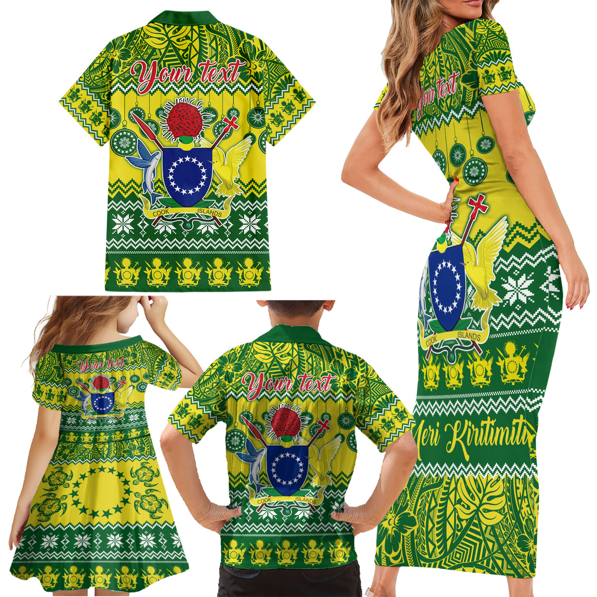 Personalised Cook Islands Christmas Family Matching Short Sleeve Bodycon Dress and Hawaiian Shirt Santa Beach Meri Kiritimiti - Wonder Print Shop
