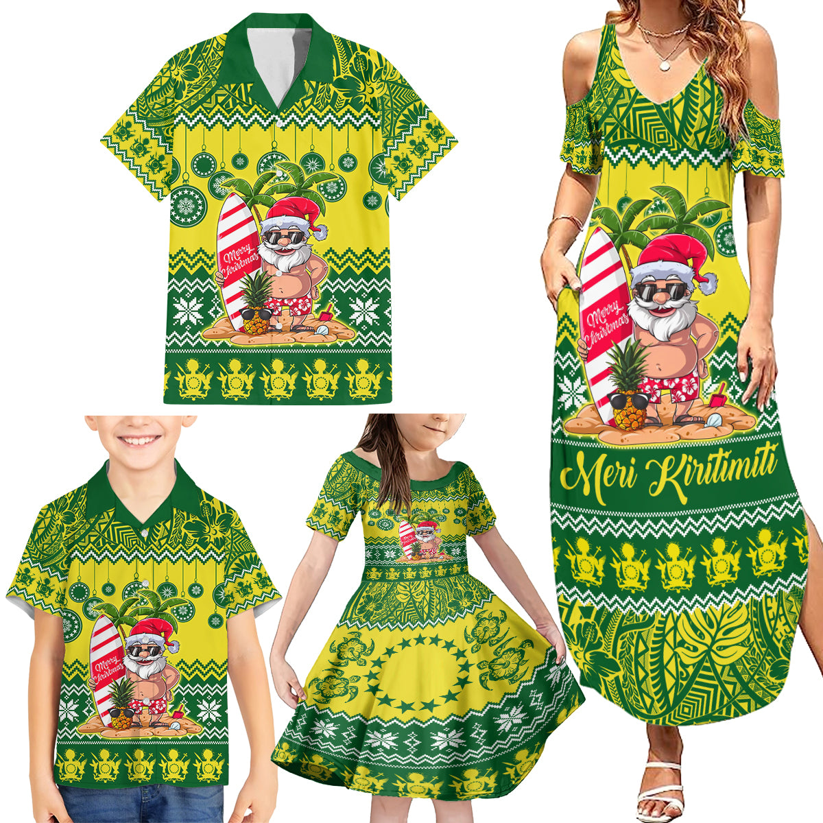 Personalised Cook Islands Christmas Family Matching Summer Maxi Dress and Hawaiian Shirt Santa Beach Meri Kiritimiti - Wonder Print Shop