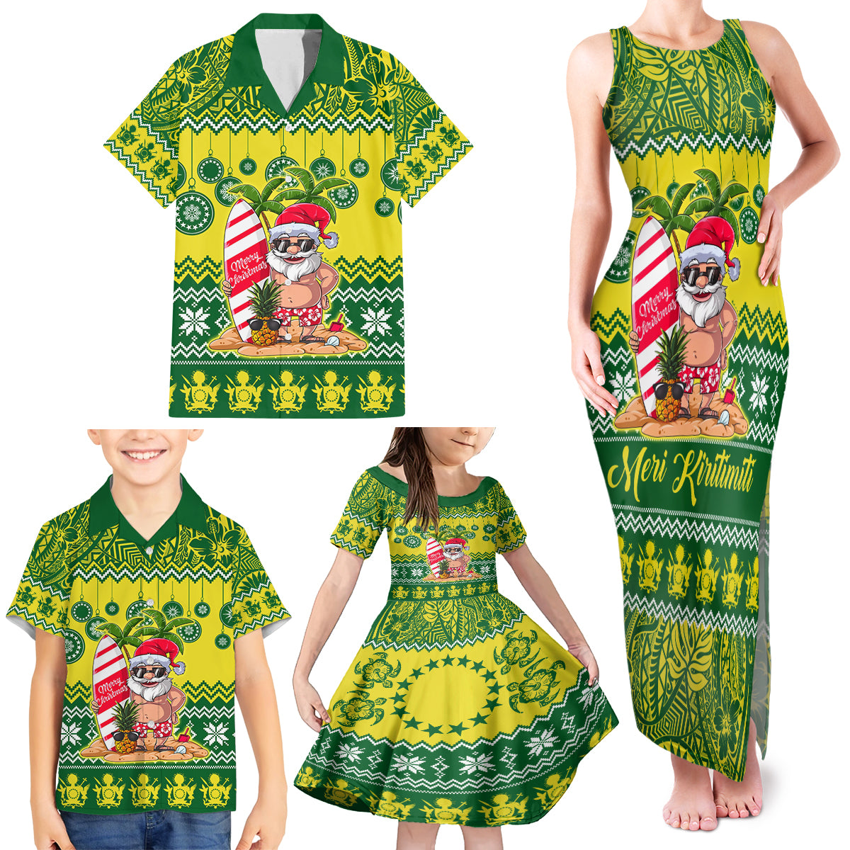 Personalised Cook Islands Christmas Family Matching Tank Maxi Dress and Hawaiian Shirt Santa Beach Meri Kiritimiti - Wonder Print Shop