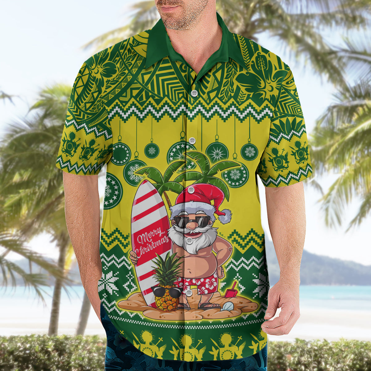 Personalised Cook Islands Christmas Hawaiian Shirt Santa Beach Meri Kiritimiti - Wonder Print Shop