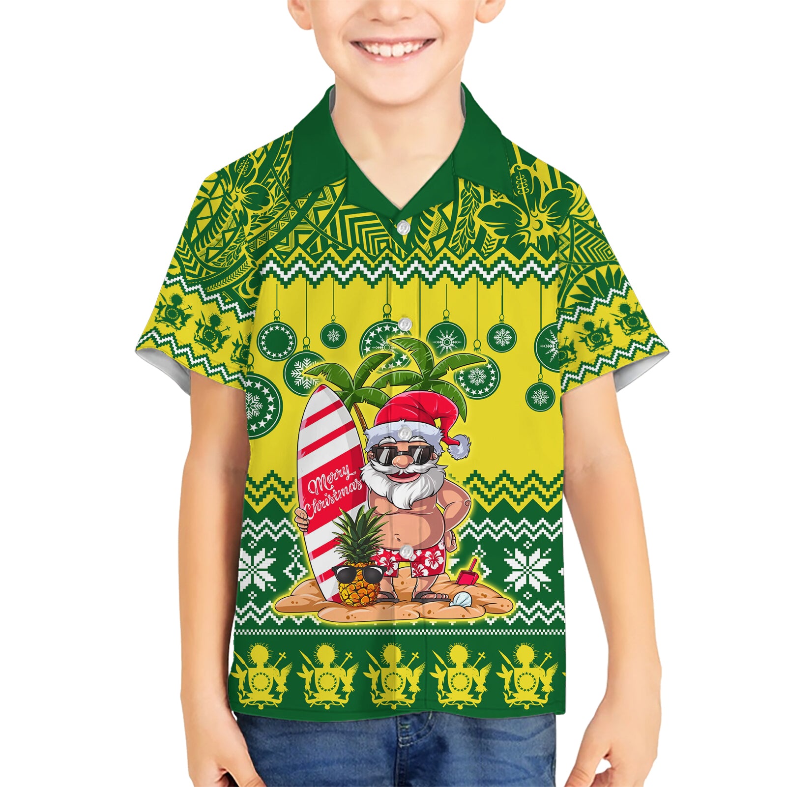 Personalised Cook Islands Christmas Kid Hawaiian Shirt Santa Beach Meri Kiritimiti - Wonder Print Shop