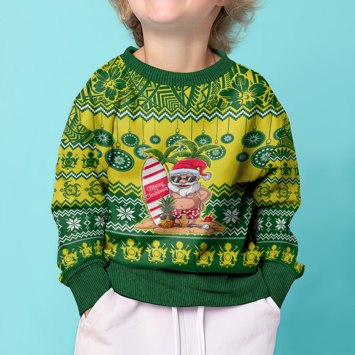 Personalised Cook Islands Christmas Kid Ugly Christmas Sweater Santa Beach Meri Kiritimiti - Wonder Print Shop