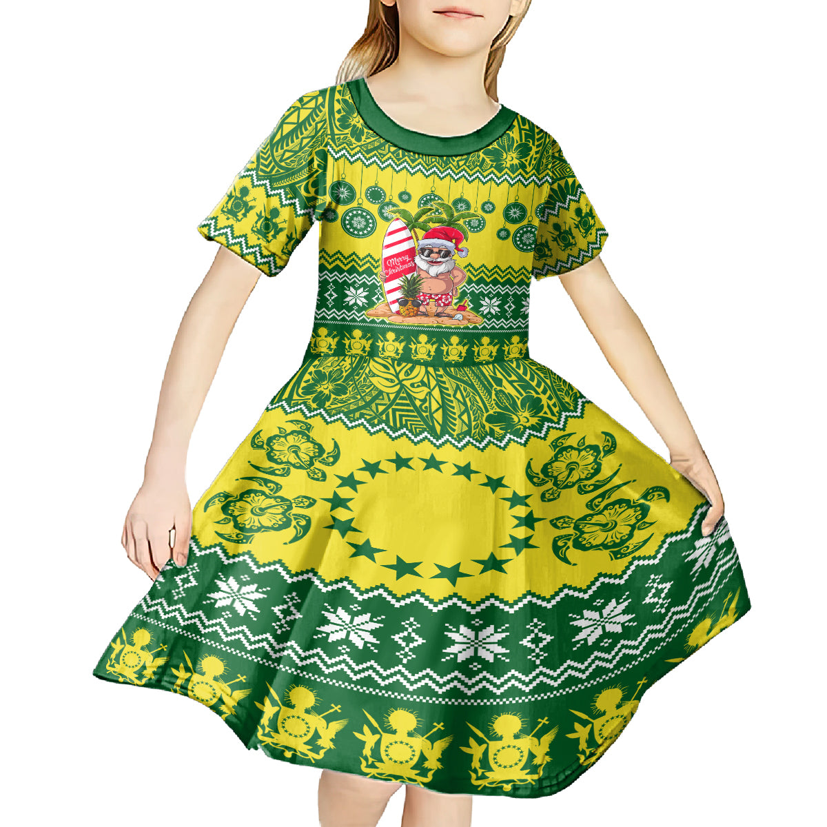 Personalised Cook Islands Christmas Kid Short Sleeve Dress Santa Beach Meri Kiritimiti - Wonder Print Shop