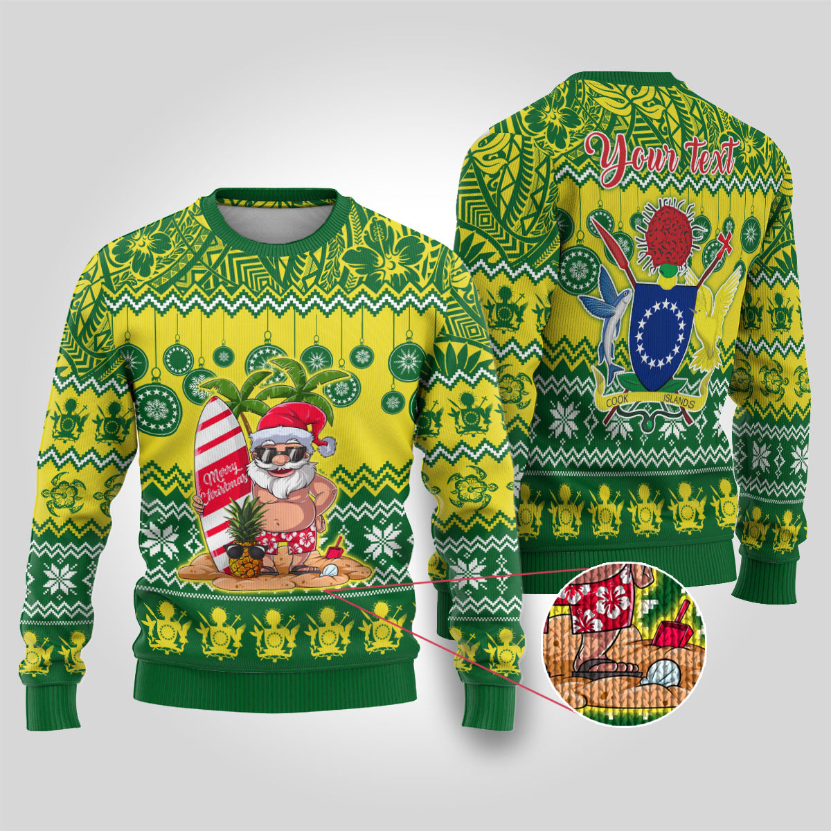 Personalised Cook Islands Christmas Ugly Christmas Sweater Santa Beach Meri Kiritimiti - Wonder Print Shop