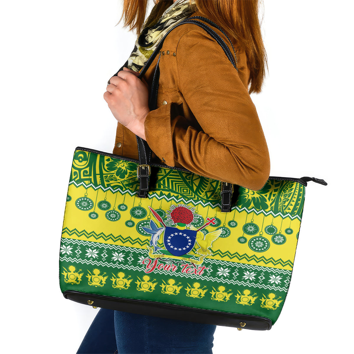 Personalised Cook Islands Christmas Leather Tote Bag Santa Beach Meri Kiritimiti - Wonder Print Shop