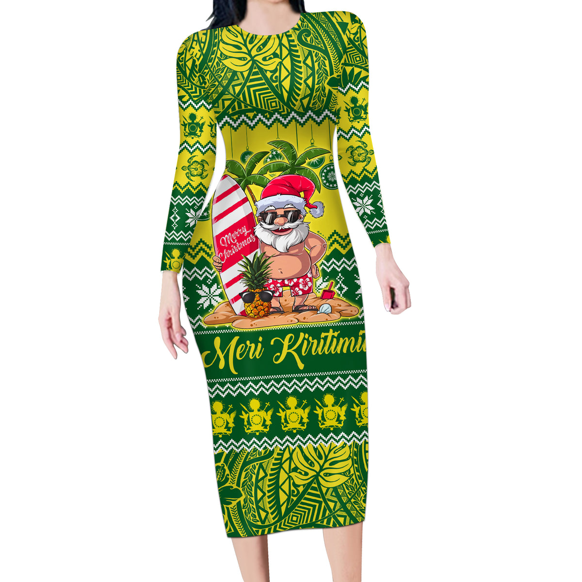 Personalised Cook Islands Christmas Long Sleeve Bodycon Dress Santa Beach Meri Kiritimiti - Wonder Print Shop