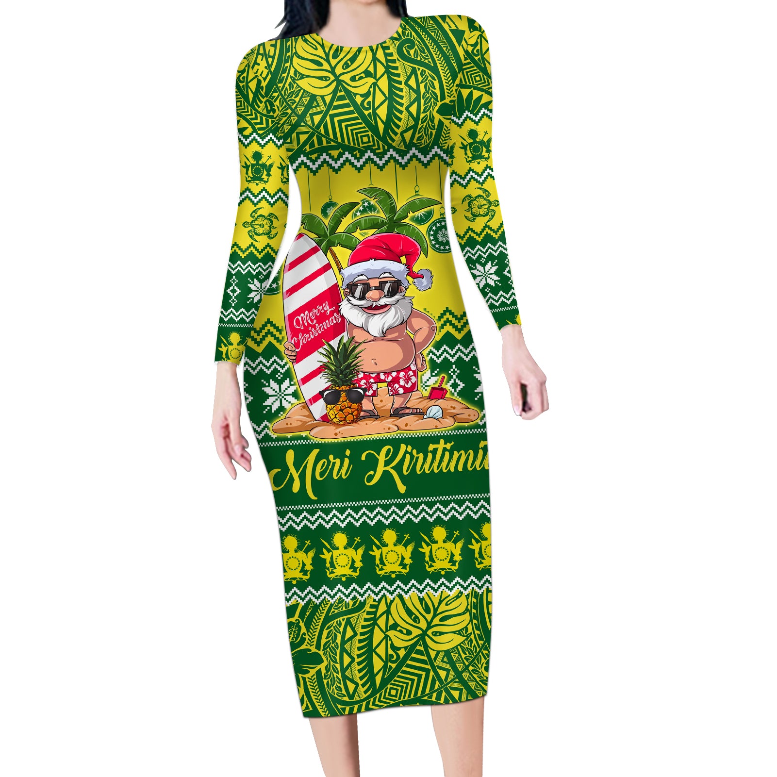 Personalised Cook Islands Christmas Long Sleeve Bodycon Dress Santa Beach Meri Kiritimiti - Wonder Print Shop
