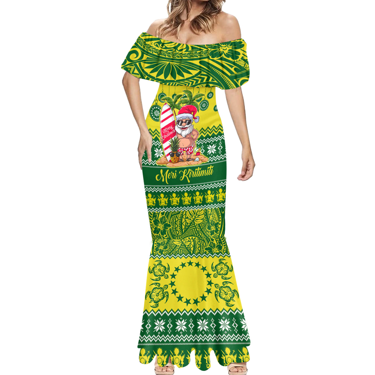 Personalised Cook Islands Christmas Mermaid Dress Santa Beach Meri Kiritimiti - Wonder Print Shop