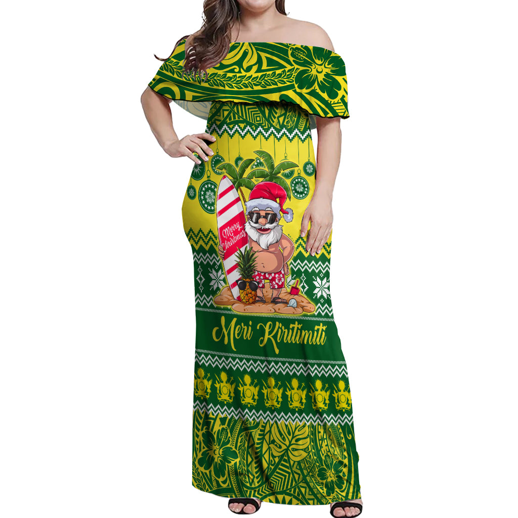 Personalised Cook Islands Christmas Off Shoulder Maxi Dress Santa Beach Meri Kiritimiti - Wonder Print Shop