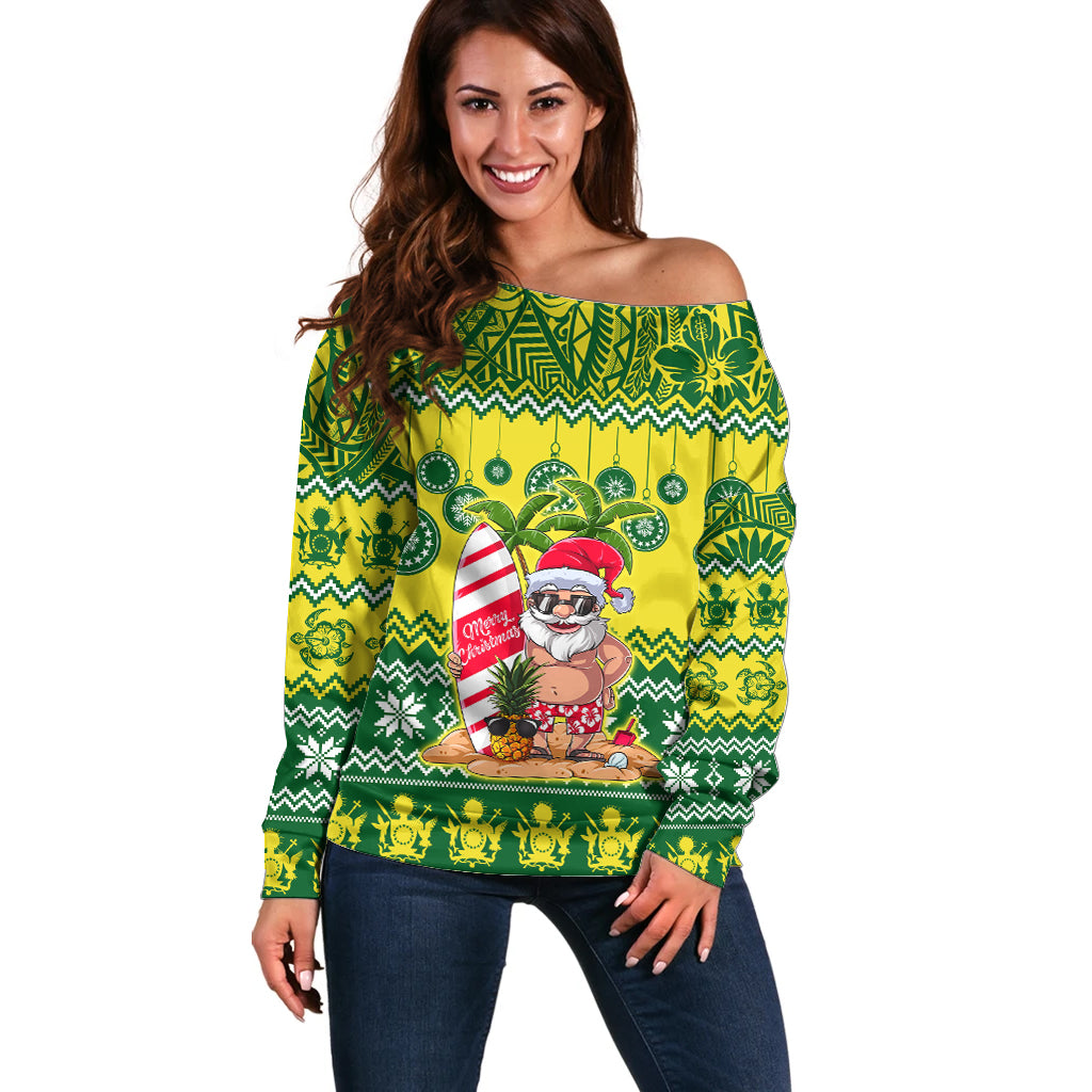 Personalised Cook Islands Christmas Off Shoulder Sweater Santa Beach Meri Kiritimiti - Wonder Print Shop