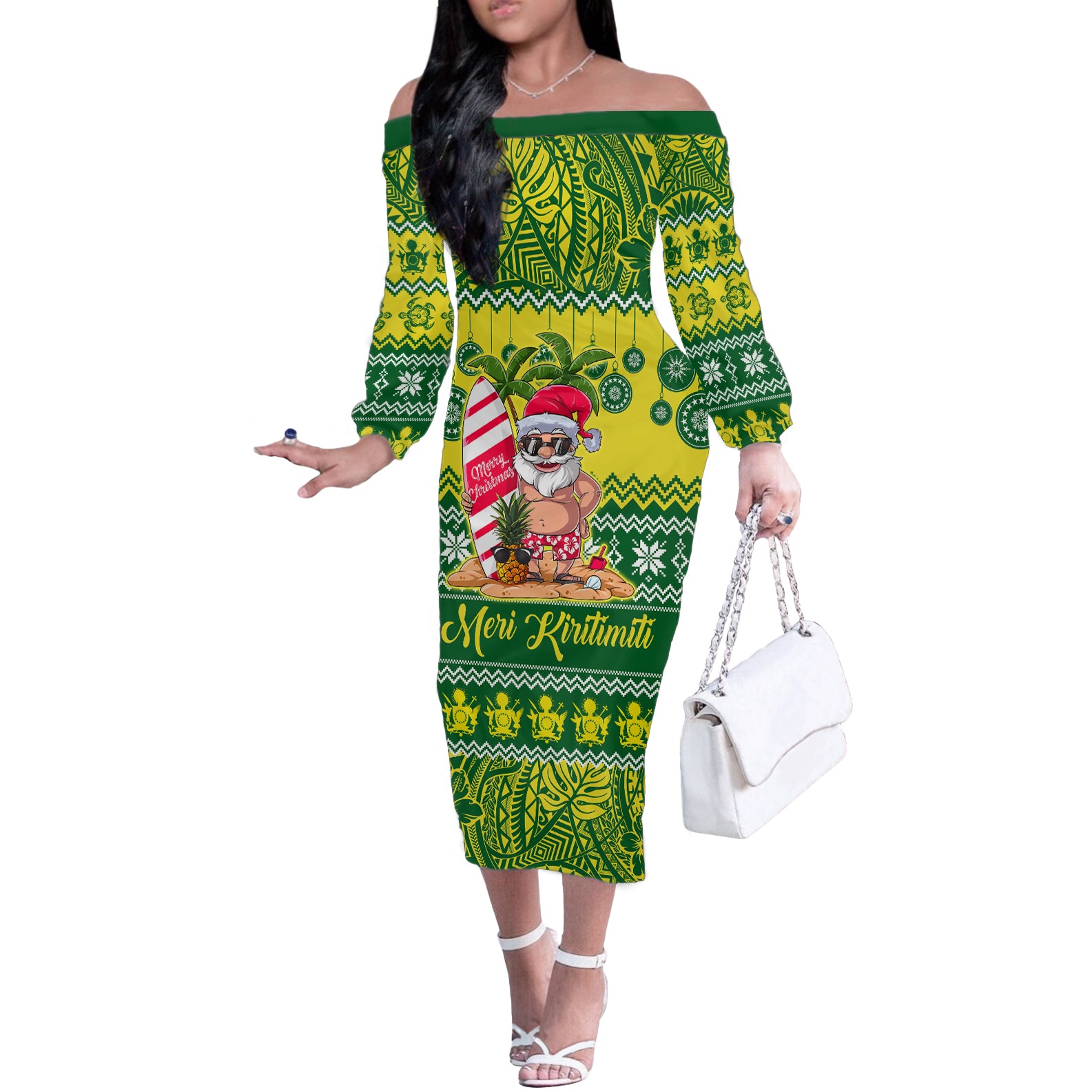 Personalised Cook Islands Christmas Off The Shoulder Long Sleeve Dress Santa Beach Meri Kiritimiti - Wonder Print Shop