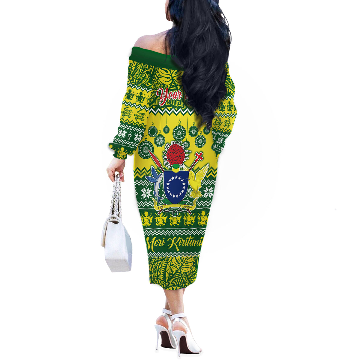 Personalised Cook Islands Christmas Off The Shoulder Long Sleeve Dress Santa Beach Meri Kiritimiti - Wonder Print Shop