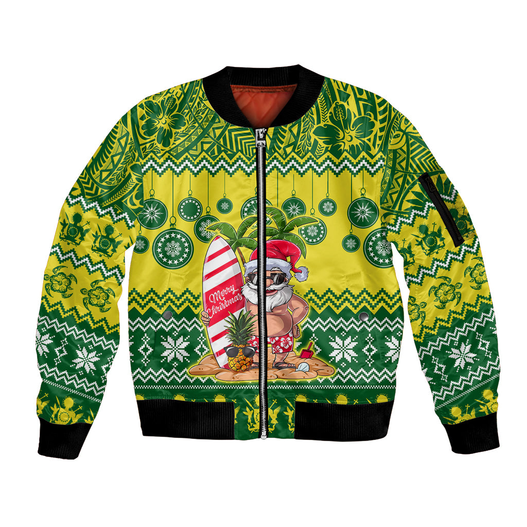 Personalised Cook Islands Christmas Sleeve Zip Bomber Jacket Santa Beach Meri Kiritimiti - Wonder Print Shop