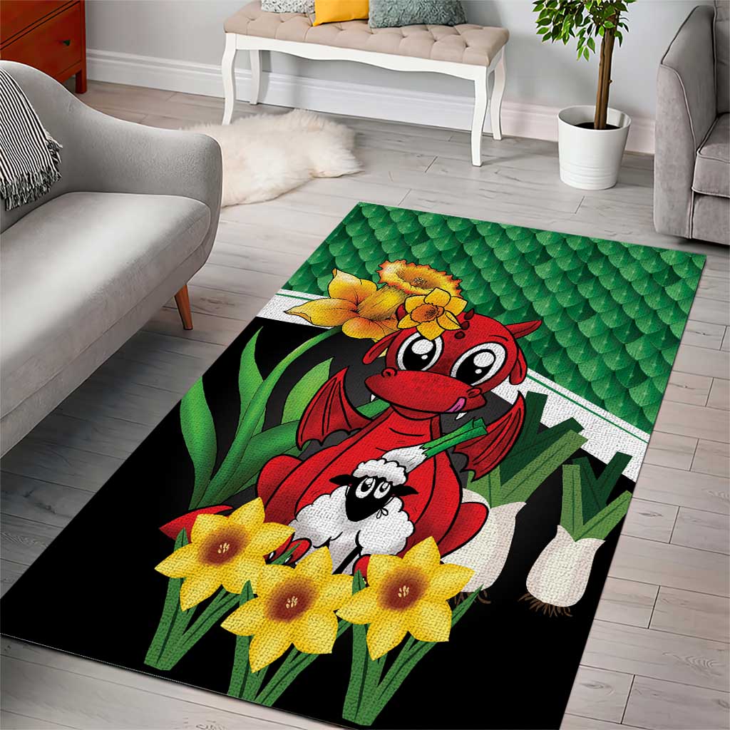 Saint David's Day Area Rug Green Welsh Dragon Daffodil Sheep Leak - Wonder Print Shop