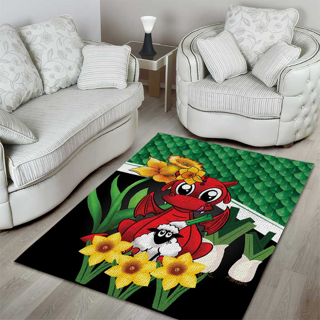 Saint David's Day Area Rug Green Welsh Dragon Daffodil Sheep Leak - Wonder Print Shop