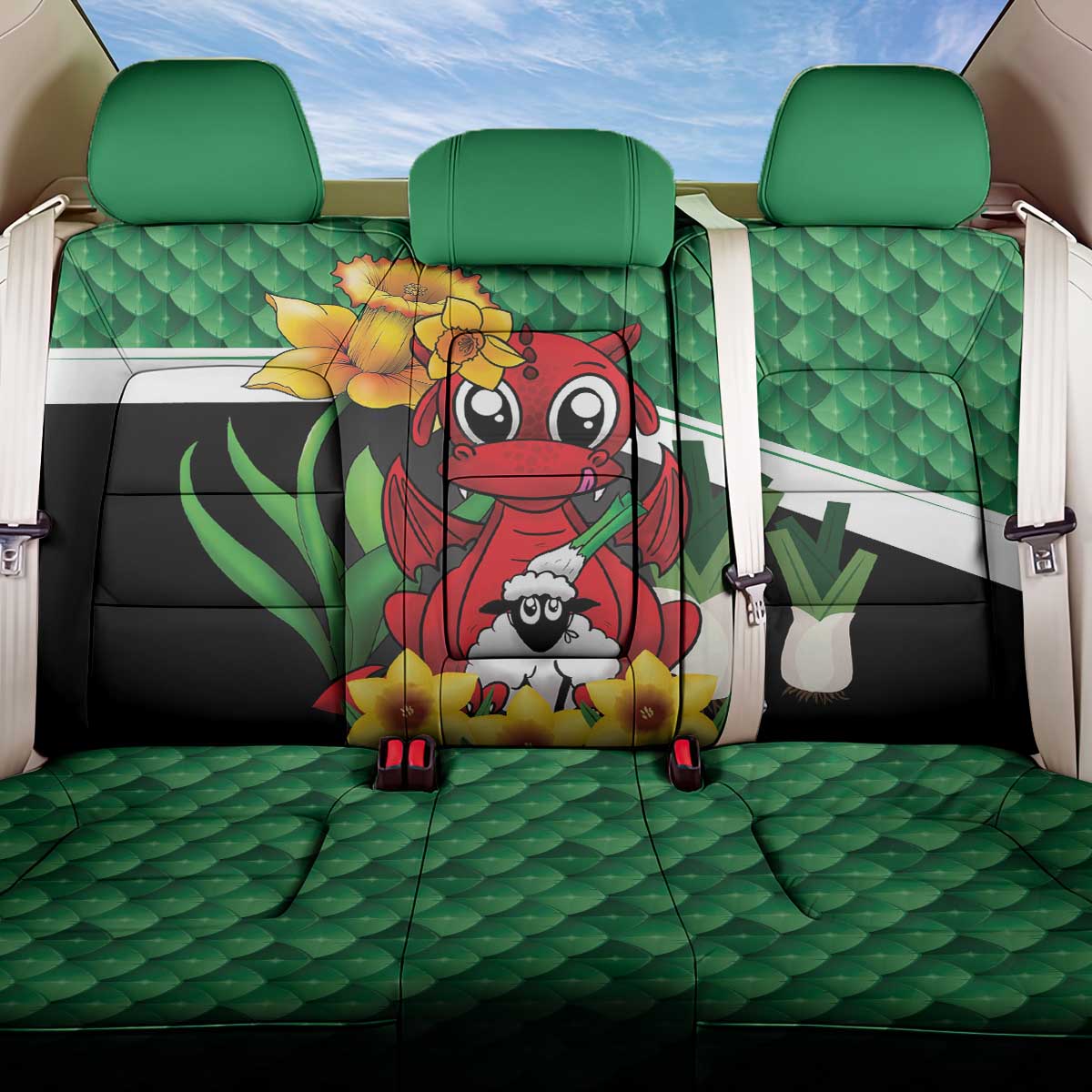 Saint David's Day Back Car Seat Cover Green Welsh Dragon Daffodil Sheep Leak - Wonder Print Shop