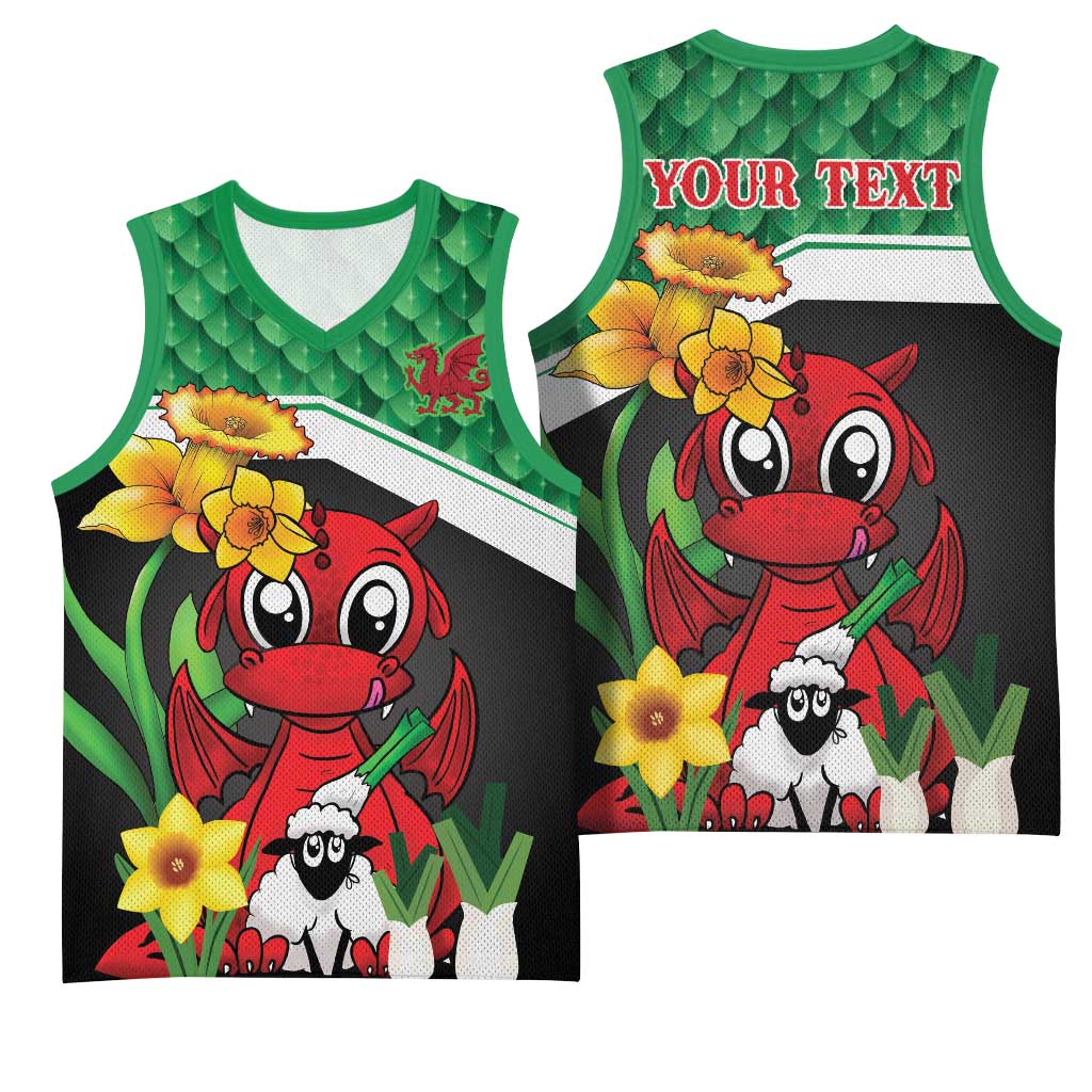 Saint David's Day Personalized Basketball Jersey Green Welsh Dragon Daffodil Sheep Leak - Wonder Print Shop