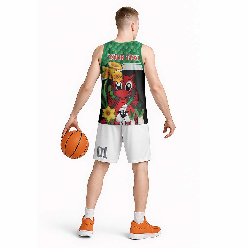 Saint David's Day Personalized Basketball Jersey Green Welsh Dragon Daffodil Sheep Leak - Wonder Print Shop