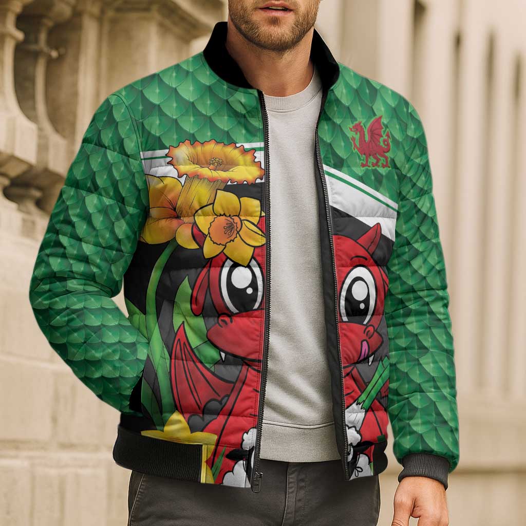 Saint David's Day Personalized Bomber Puffer Jacket Green Welsh Dragon Daffodil Sheep Leak - Wonder Print Shop