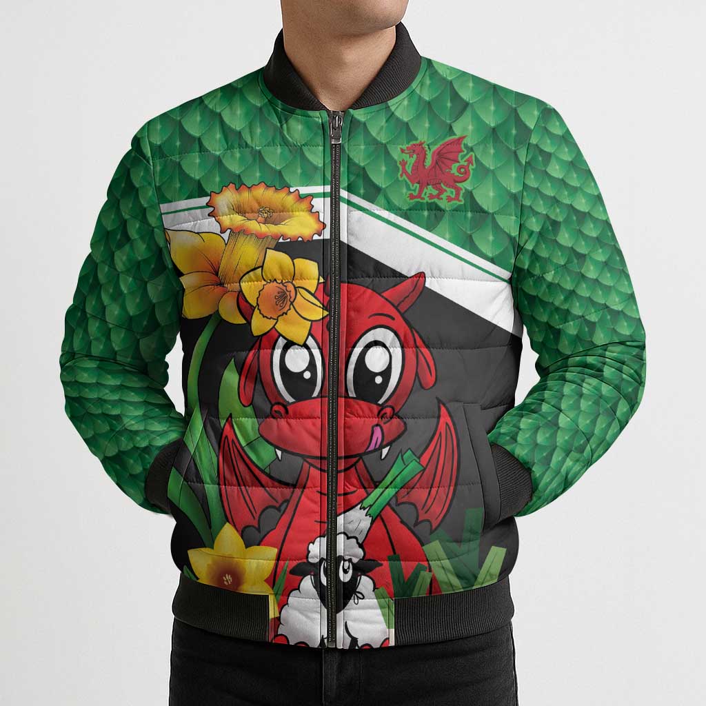 Saint David's Day Personalized Bomber Puffer Jacket Green Welsh Dragon Daffodil Sheep Leak - Wonder Print Shop