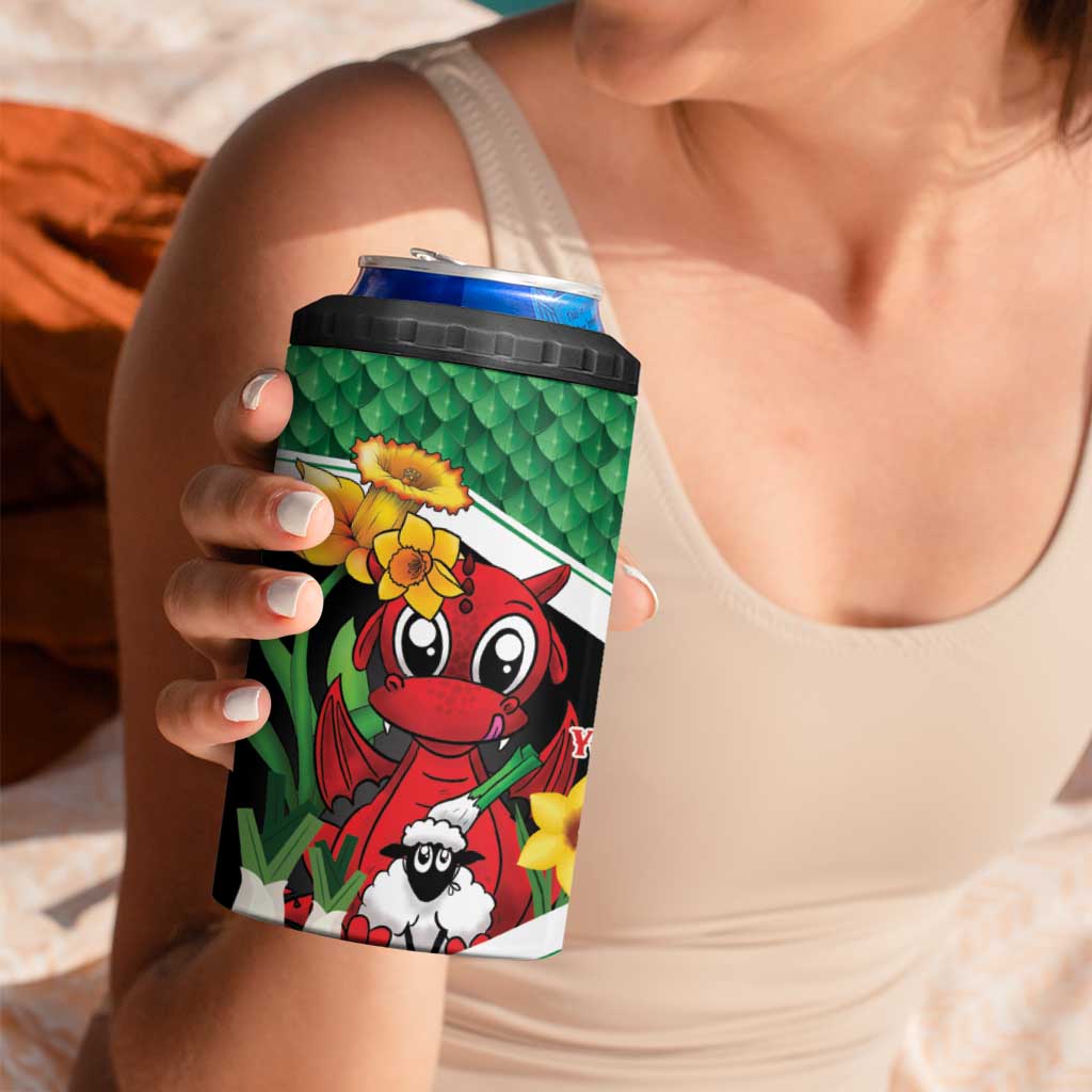Saint David's Day Personalized 4 in 1 Can Cooler Tumbler Green Welsh Dragon Daffodil Sheep Leak - Wonder Print Shop