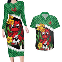 Saint David's Day Personalized Couples Matching Long Sleeve Bodycon Dress and Hawaiian Shirt Green Welsh Dragon Daffodil Sheep Leak - Wonder Print Shop