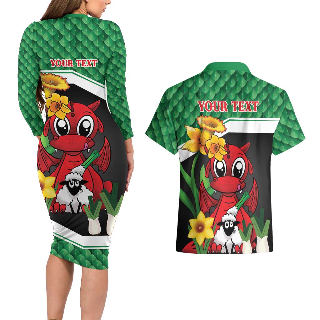 Saint David's Day Personalized Couples Matching Long Sleeve Bodycon Dress and Hawaiian Shirt Green Welsh Dragon Daffodil Sheep Leak - Wonder Print Shop