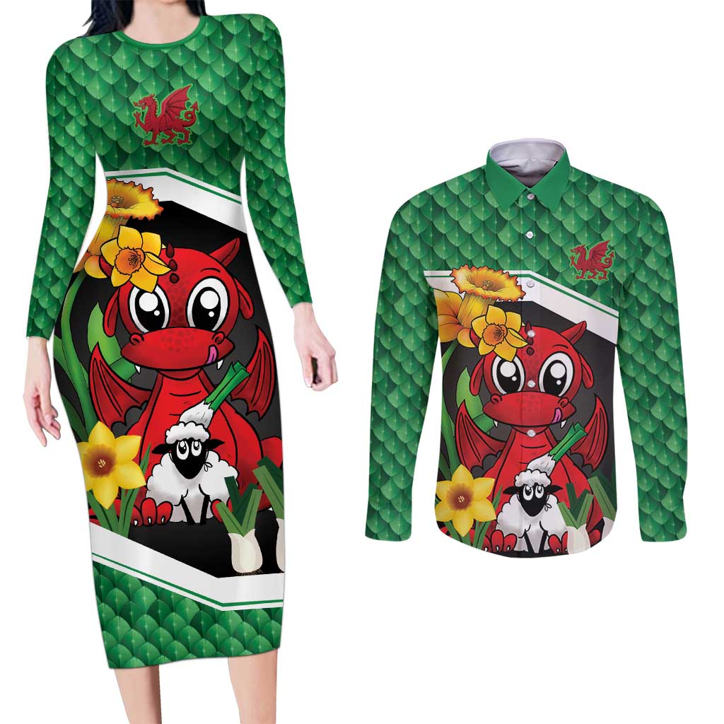 Saint David's Day Personalized Couples Matching Long Sleeve Bodycon Dress and Long Sleeve Button Shirt Green Welsh Dragon Daffodil Sheep Leak - Wonder Print Shop