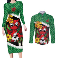 Saint David's Day Personalized Couples Matching Long Sleeve Bodycon Dress and Long Sleeve Button Shirt Green Welsh Dragon Daffodil Sheep Leak - Wonder Print Shop