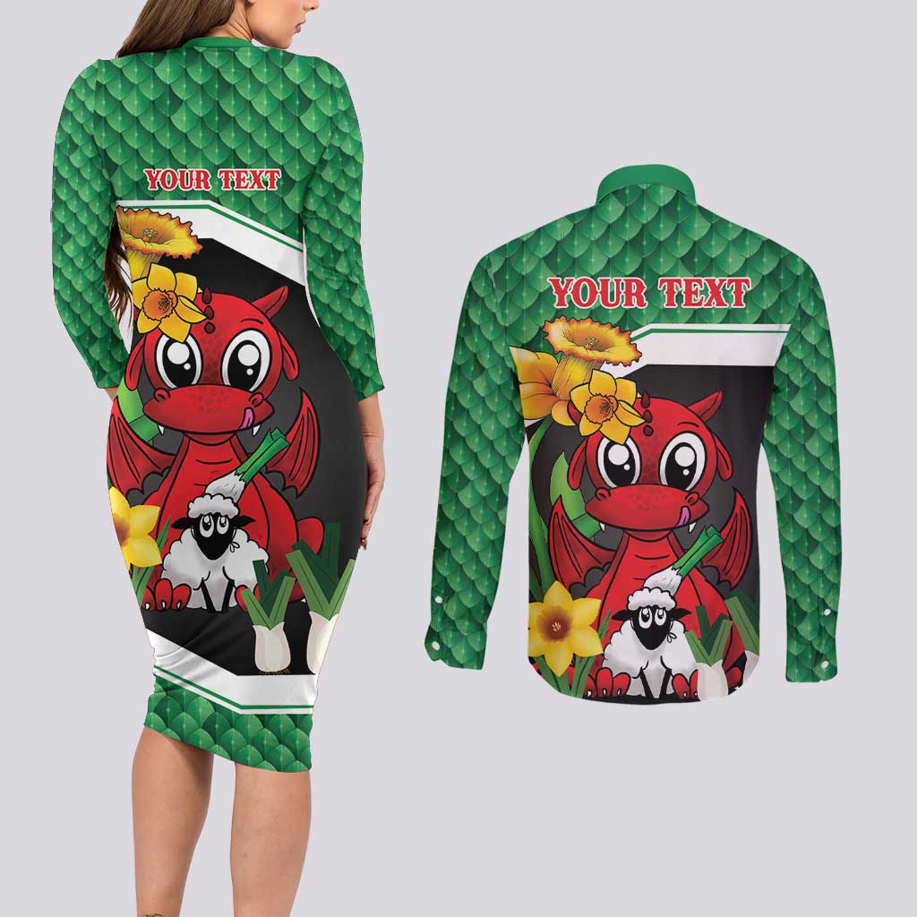 Saint David's Day Personalized Couples Matching Long Sleeve Bodycon Dress and Long Sleeve Button Shirt Green Welsh Dragon Daffodil Sheep Leak - Wonder Print Shop