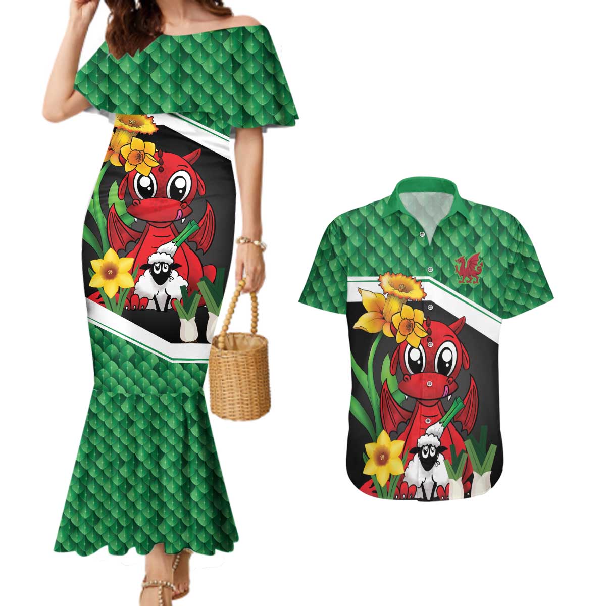 Saint David's Day Personalized Couples Matching Mermaid Dress and Hawaiian Shirt Green Welsh Dragon Daffodil Sheep Leak - Wonder Print Shop