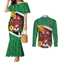 Saint David's Day Personalized Couples Matching Mermaid Dress and Long Sleeve Button Shirt Green Welsh Dragon Daffodil Sheep Leak - Wonder Print Shop