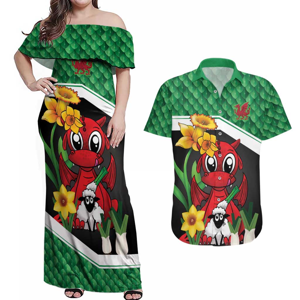 Saint David's Day Personalized Couples Matching Off Shoulder Maxi Dress and Hawaiian Shirt Green Welsh Dragon Daffodil Sheep Leak - Wonder Print Shop