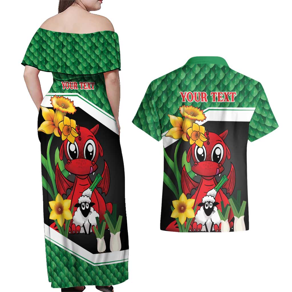 Saint David's Day Personalized Couples Matching Off Shoulder Maxi Dress and Hawaiian Shirt Green Welsh Dragon Daffodil Sheep Leak - Wonder Print Shop