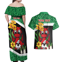 Saint David's Day Personalized Couples Matching Off Shoulder Maxi Dress and Hawaiian Shirt Green Welsh Dragon Daffodil Sheep Leak - Wonder Print Shop