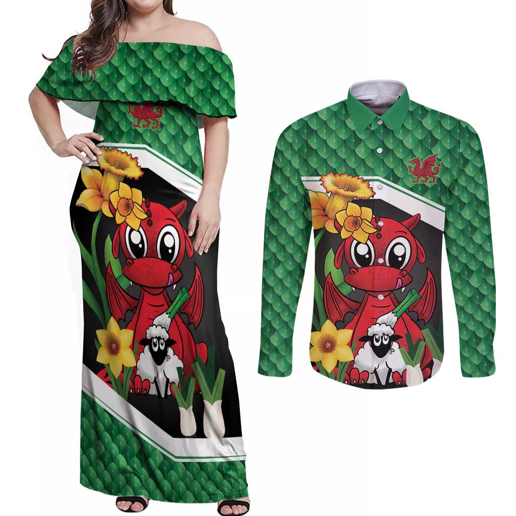 Saint David's Day Personalized Couples Matching Off Shoulder Maxi Dress and Long Sleeve Button Shirt Green Welsh Dragon Daffodil Sheep Leak - Wonder Print Shop