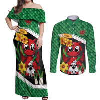 Saint David's Day Personalized Couples Matching Off Shoulder Maxi Dress and Long Sleeve Button Shirt Green Welsh Dragon Daffodil Sheep Leak - Wonder Print Shop