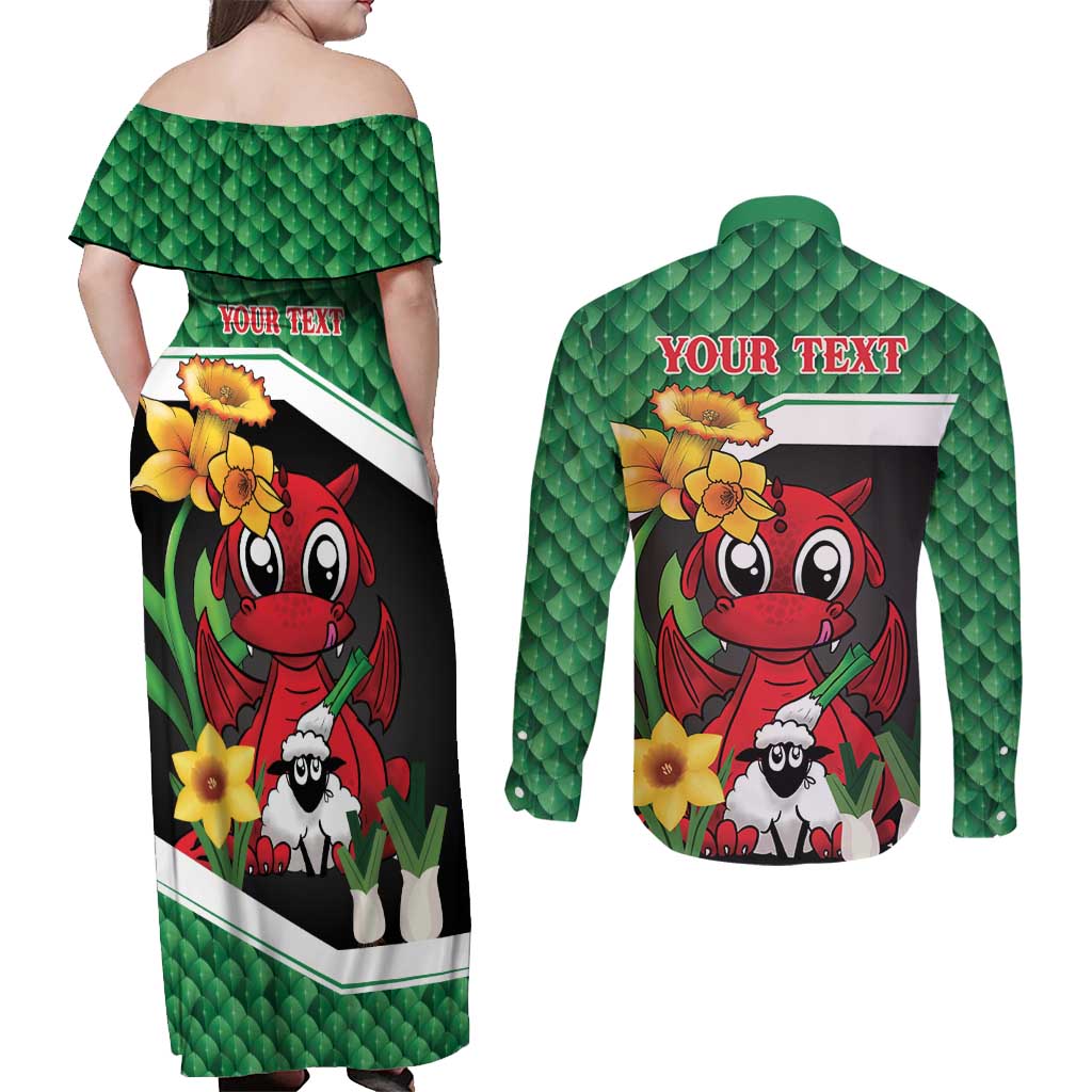 Saint David's Day Personalized Couples Matching Off Shoulder Maxi Dress and Long Sleeve Button Shirt Green Welsh Dragon Daffodil Sheep Leak - Wonder Print Shop