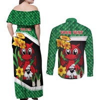 Saint David's Day Personalized Couples Matching Off Shoulder Maxi Dress and Long Sleeve Button Shirt Green Welsh Dragon Daffodil Sheep Leak - Wonder Print Shop