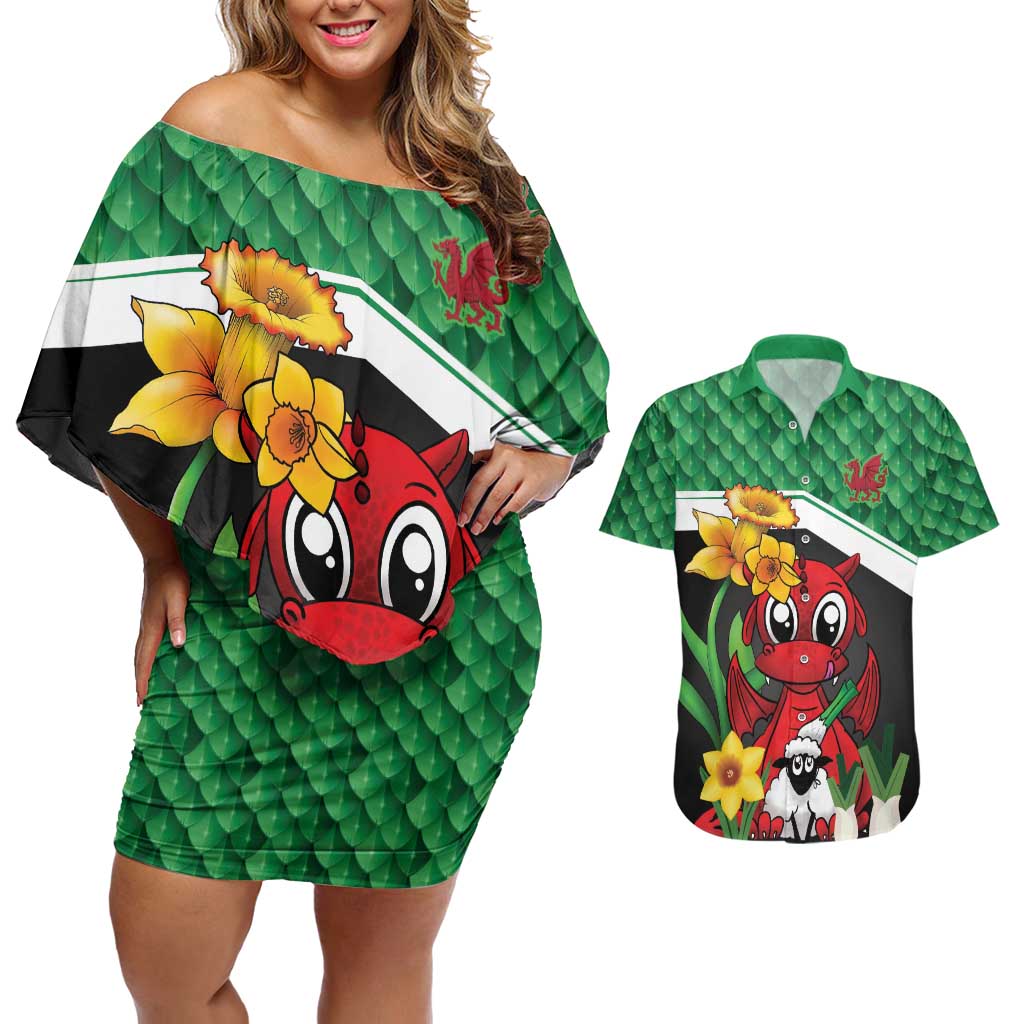 Saint David's Day Personalized Couples Matching Off Shoulder Short Dress and Hawaiian Shirt Green Welsh Dragon Daffodil Sheep Leak - Wonder Print Shop