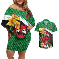 Saint David's Day Personalized Couples Matching Off Shoulder Short Dress and Hawaiian Shirt Green Welsh Dragon Daffodil Sheep Leak - Wonder Print Shop