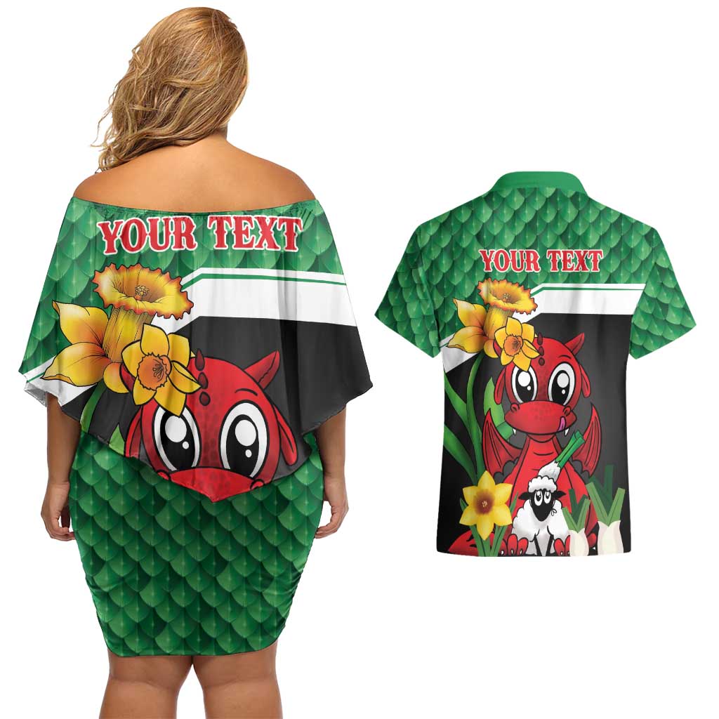 Saint David's Day Personalized Couples Matching Off Shoulder Short Dress and Hawaiian Shirt Green Welsh Dragon Daffodil Sheep Leak - Wonder Print Shop