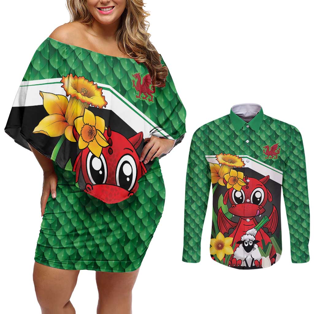 Saint David's Day Personalized Couples Matching Off Shoulder Short Dress and Long Sleeve Button Shirt Green Welsh Dragon Daffodil Sheep Leak - Wonder Print Shop