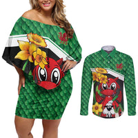Saint David's Day Personalized Couples Matching Off Shoulder Short Dress and Long Sleeve Button Shirt Green Welsh Dragon Daffodil Sheep Leak - Wonder Print Shop