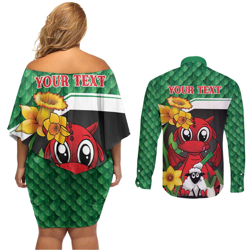Saint David's Day Personalized Couples Matching Off Shoulder Short Dress and Long Sleeve Button Shirt Green Welsh Dragon Daffodil Sheep Leak - Wonder Print Shop