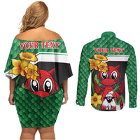 Saint David's Day Personalized Couples Matching Off Shoulder Short Dress and Long Sleeve Button Shirt Green Welsh Dragon Daffodil Sheep Leak - Wonder Print Shop