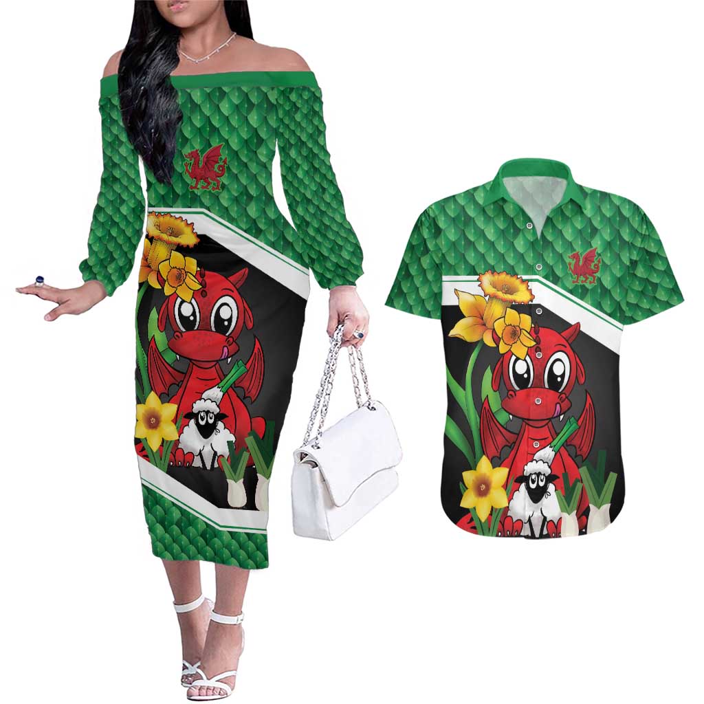 Saint David's Day Personalized Couples Matching Off The Shoulder Long Sleeve Dress and Hawaiian Shirt Green Welsh Dragon Daffodil Sheep Leak - Wonder Print Shop